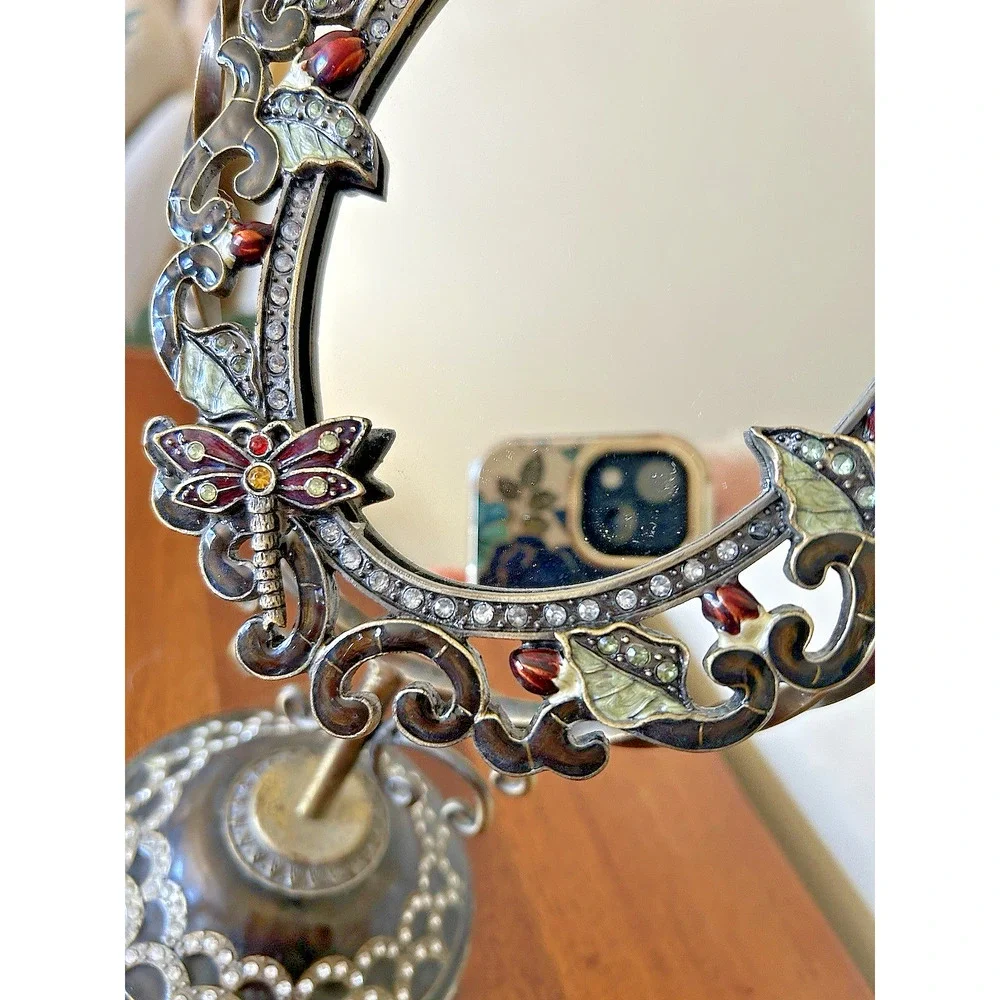 Swivel Enamel Mirror w/Rhinestomes of Flowers & Butterflies-Table Top